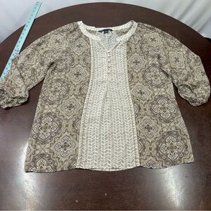 Zac & Rachel Brown and Cream Patterned Split-Front Blouse